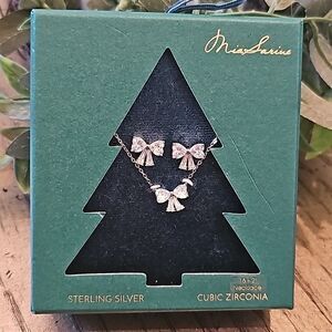 Sterling silver cubic zirconia bow earrings and necklace NWT